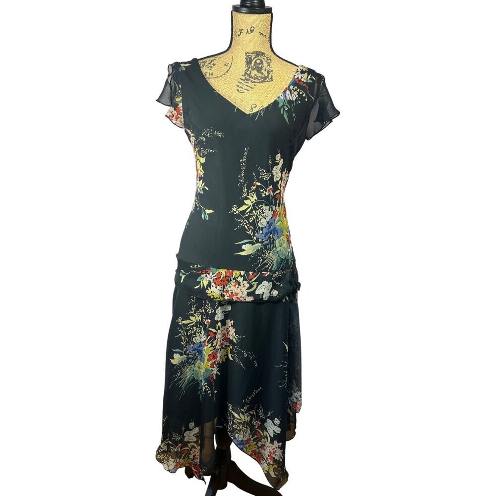 Dress Sz 6 Black Floral Asymmetrical Hem Drop Waist Whimsy Fairy Romantic